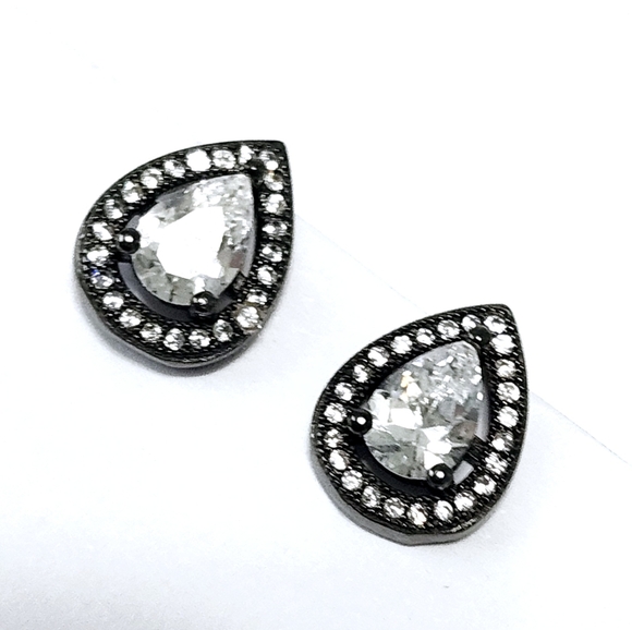 Halo Pear Silver Stud Earrings - Picture 5 of 10